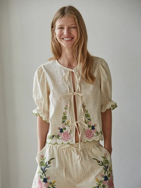 Embroidered Front Tie Top - Natural