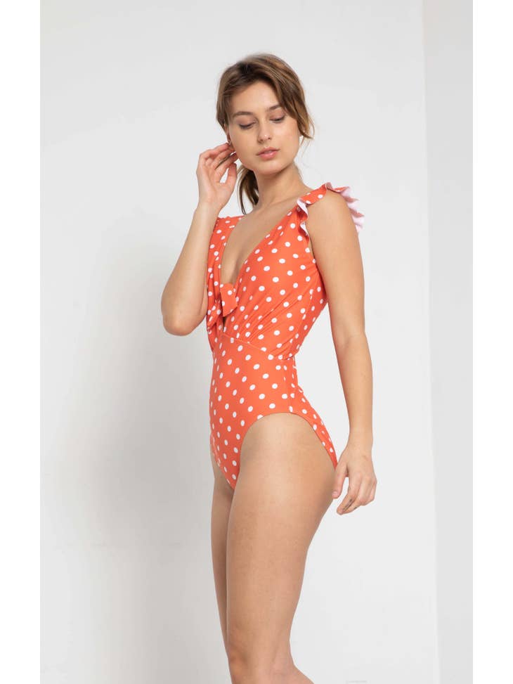 Low V Neck Ruffle Swimsuit - Carrot White Dot