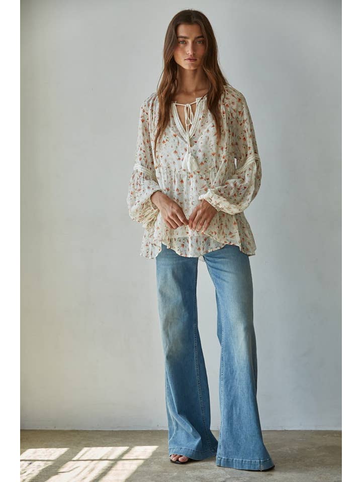 Floral Print Wide Neck Top - Ivory Multi