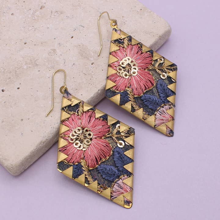 Embroidered Earrings - Pink Diamond Crimped