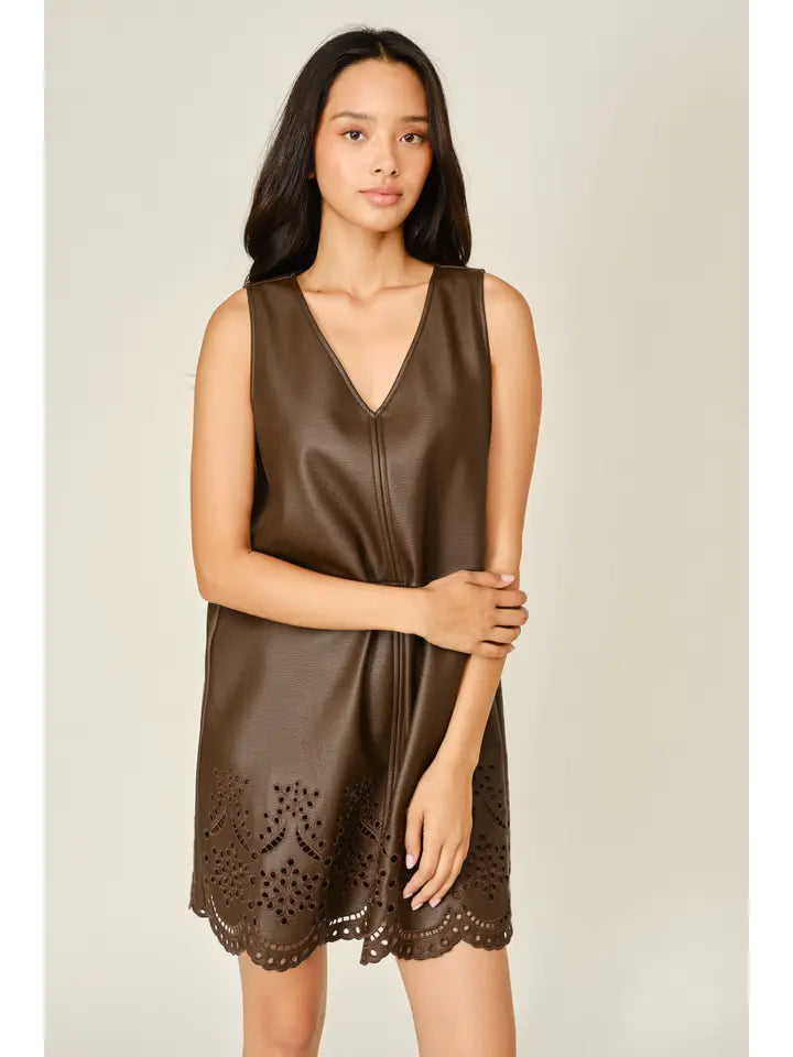 Vegan Leather Embroidered Mini Dress - Dark Brown