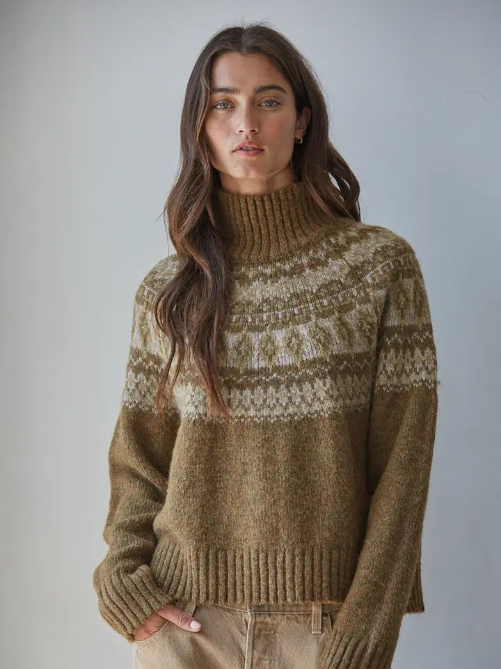Knit Fair Isle Mock Neck Pullover - Olive Brown