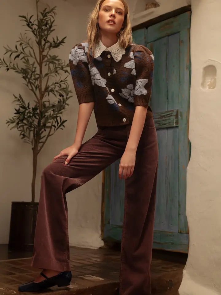 Floral Knit Short Puff Sleeve Cardigan - Brown Blue