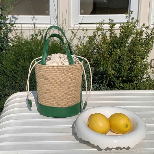 Straw Bucket Bag - Green