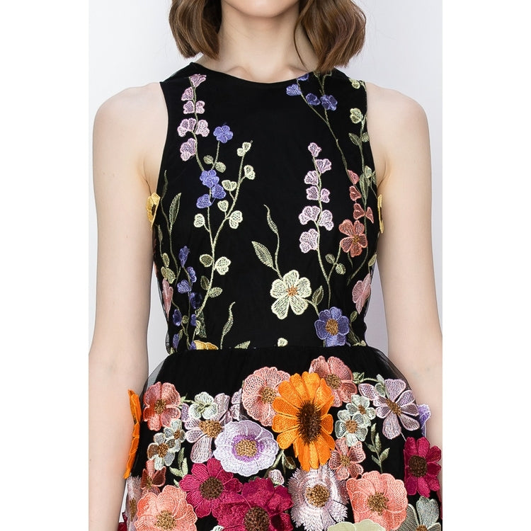 Floral Embroidered Midi Dress - Black