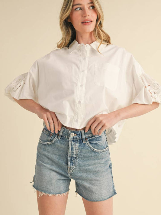 Embroidered Bubble Sleeve Button Down - White
