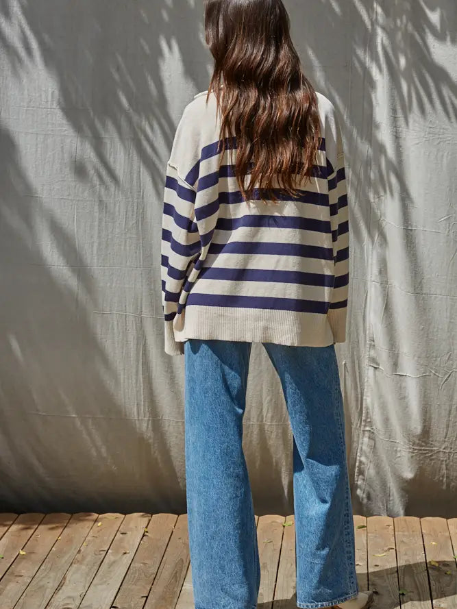 Striped Quarter Zip Sweater - Natural Navy