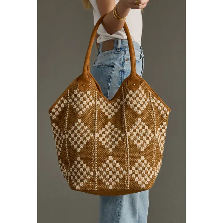 Diamond Pattern Tote - Brown & Cream