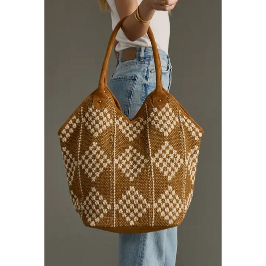 Diamond Pattern Tote - Brown & Cream