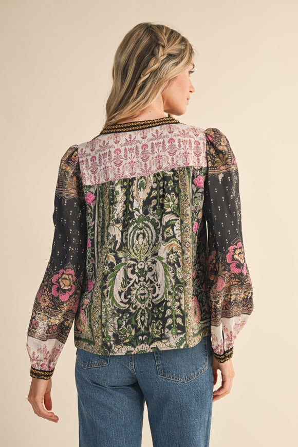 Patchwork Print Button Down - Olive Floral