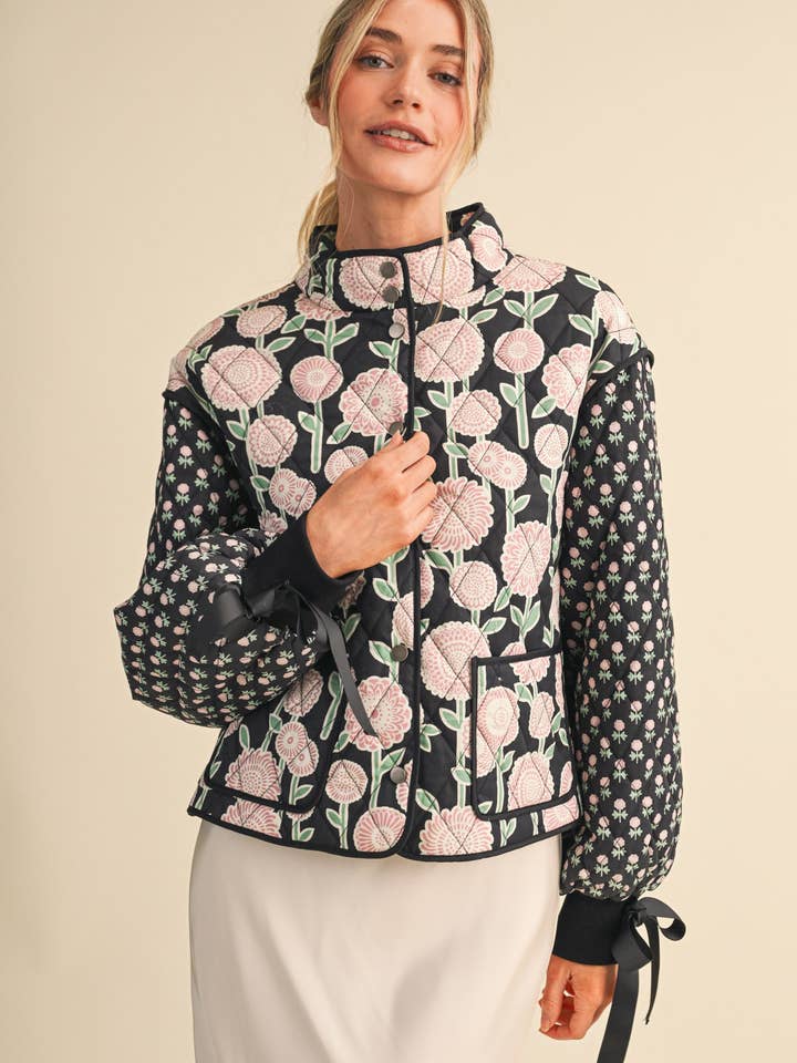 Quilted Floral Jacket with Ribbon Detail - Black Multi