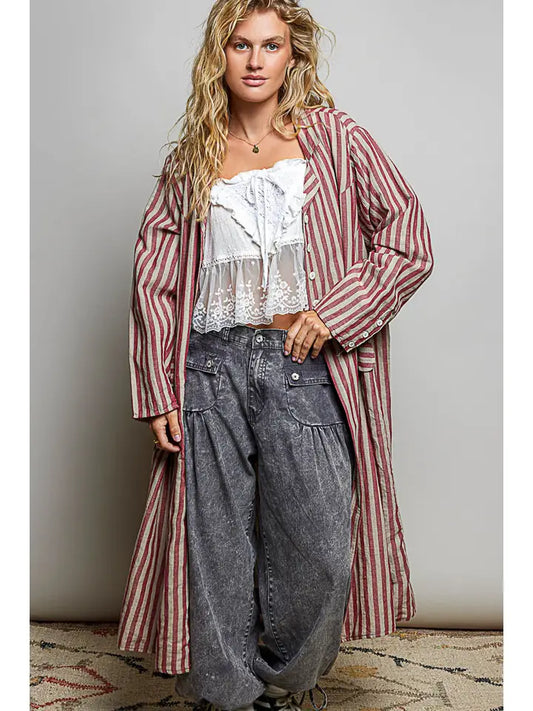 Long Striped Coat - Red Multi