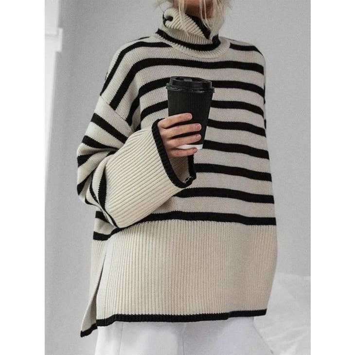 Over Fit Stripe Sweater Top - Ivory