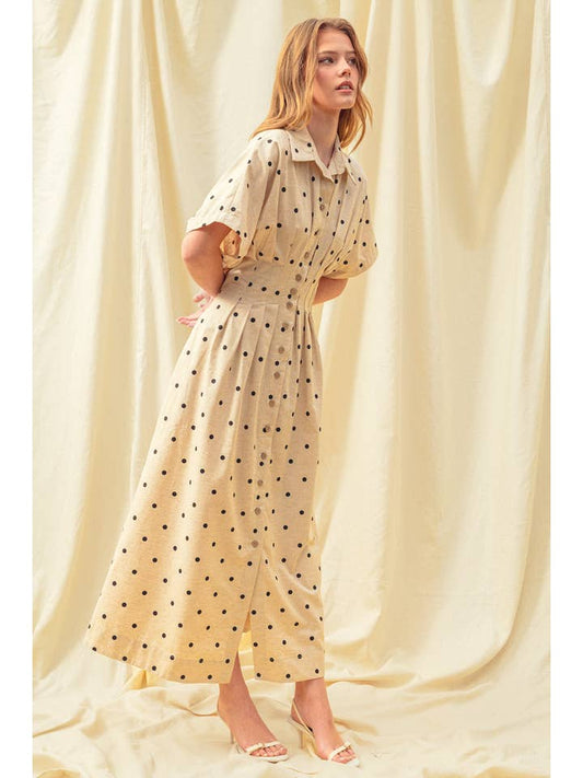 Polka Dot Shirt Dress - Oatmeal/Black