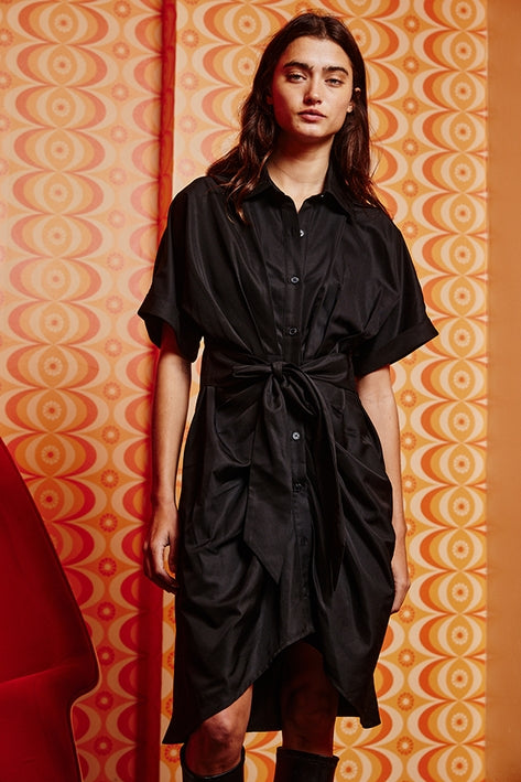 Satin Tulip Hem Shirt Dress - Black