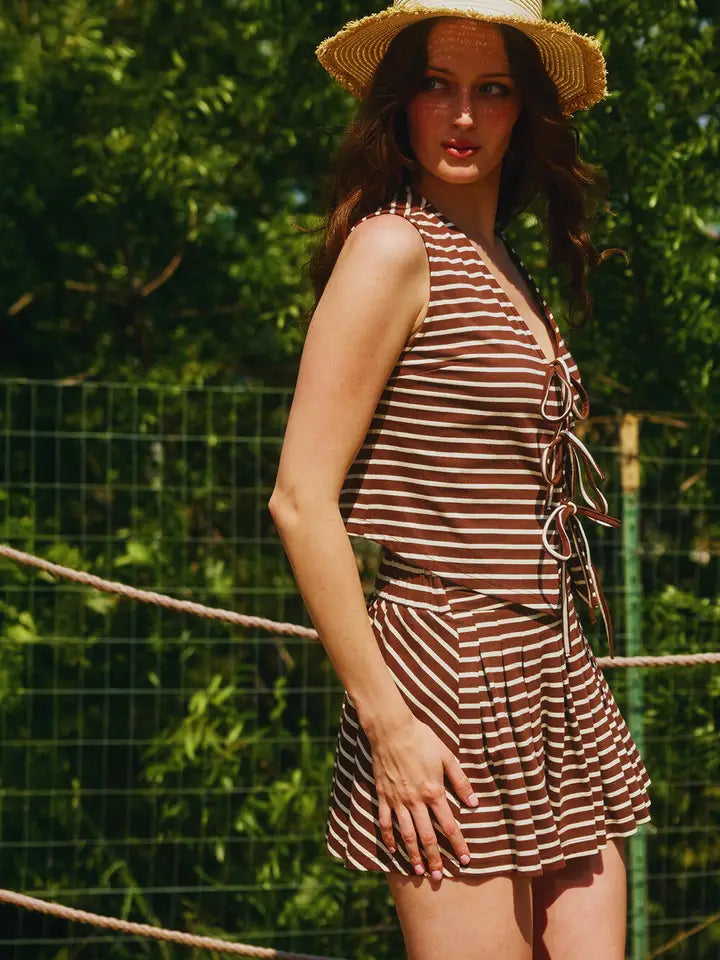 Stripe Tie Front Vest - Brown/Cream
