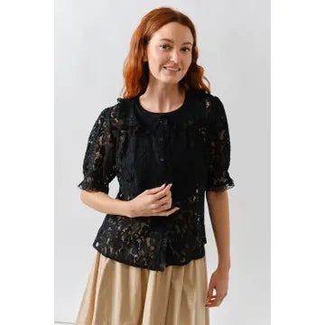 Peter Pan Collar Lace Blouse - Black