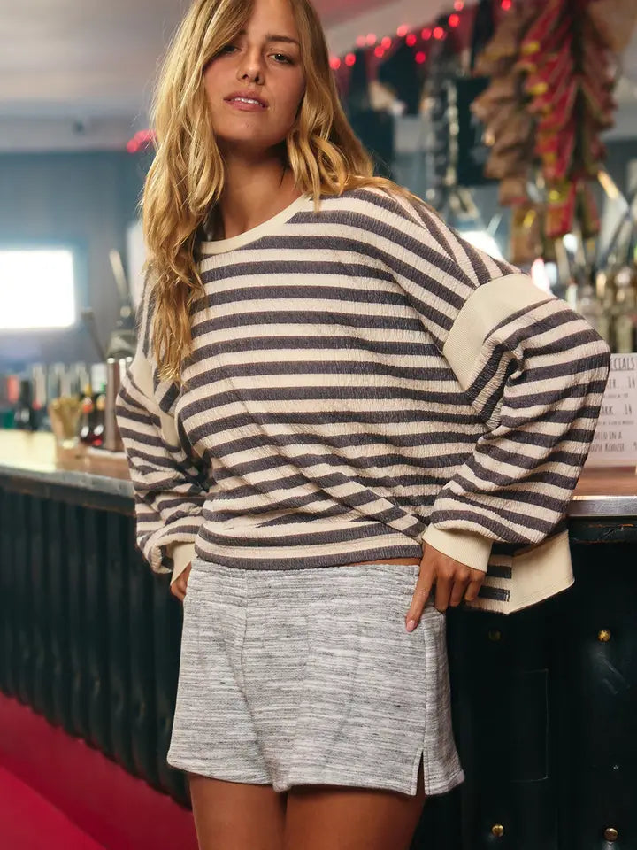 Overlap Open Back Stripe Top - Black/Ivory