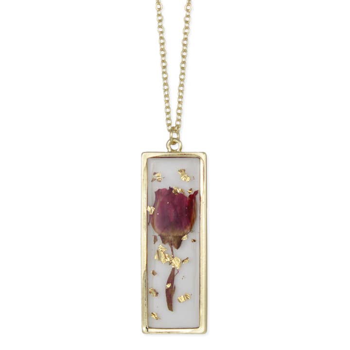 Dried Floral Necklace - Gold Bar Red Flower