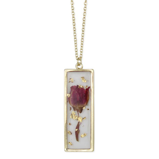 Dried Floral Necklace - Gold Bar Red Flower
