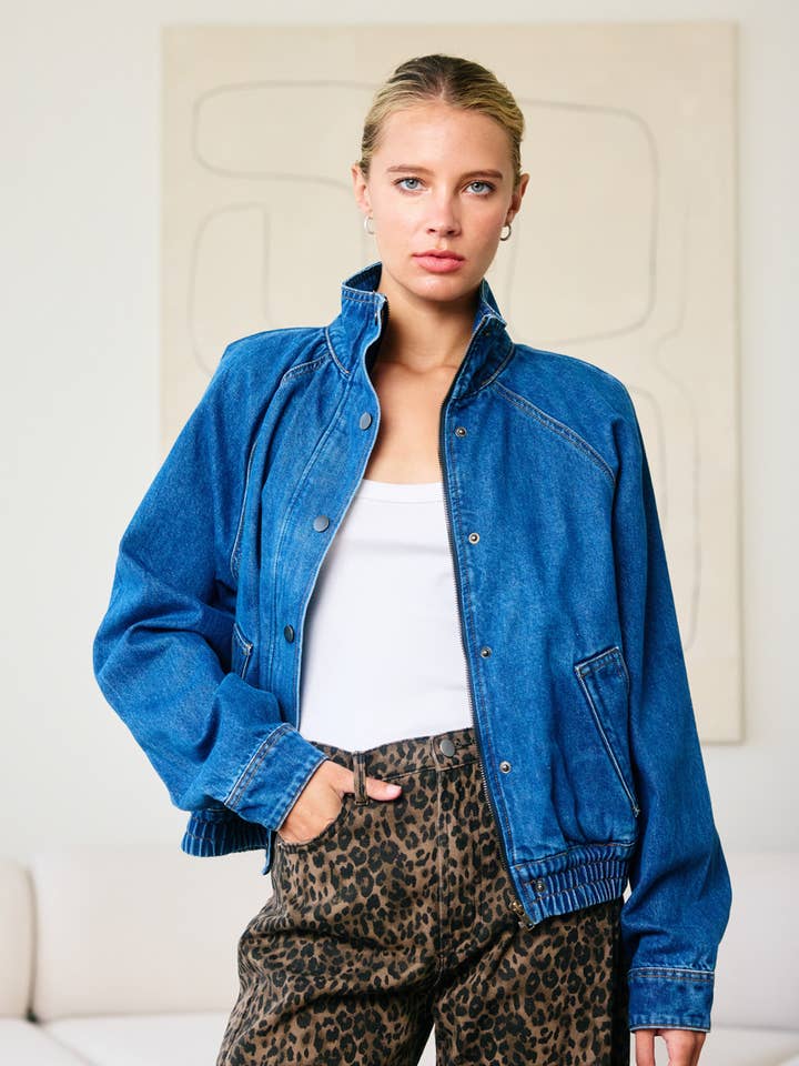 Washed Denim Bomber Jacket - Denim