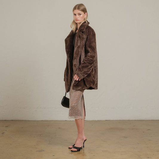 Faux Fur Open Front Jacket - Chocolate