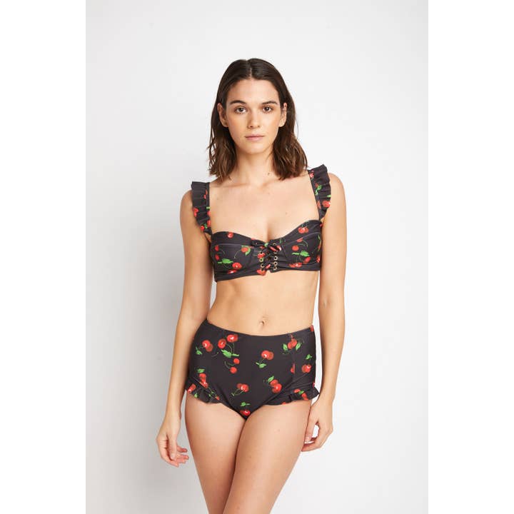 High Waisted Balconette Swimsuit - Cherry Black