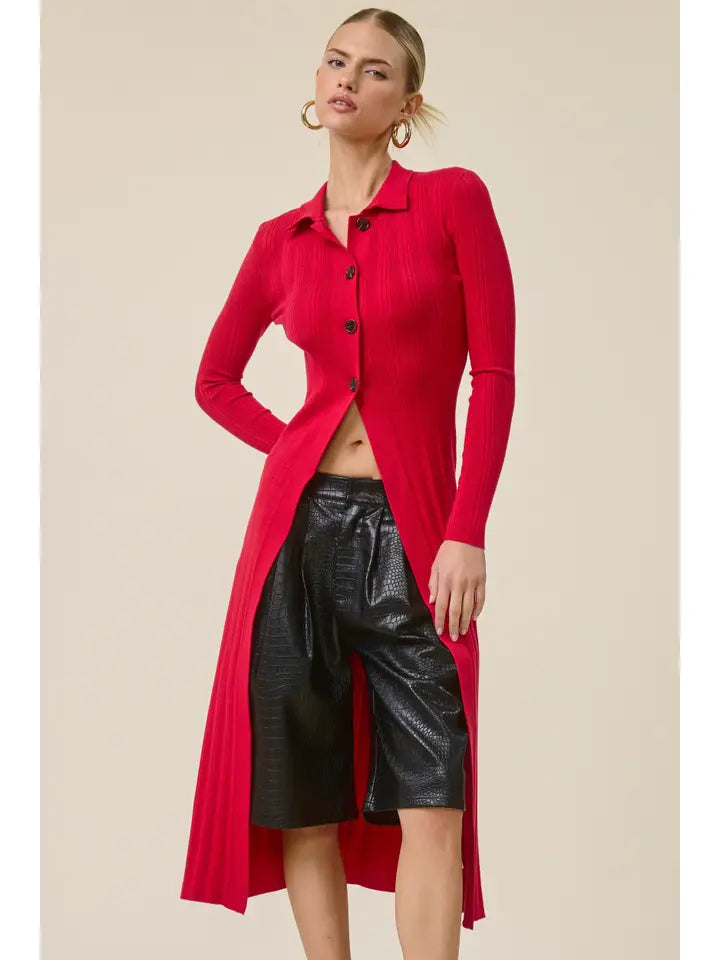 Collared Ribbed Knit Duster Cardigan - Red