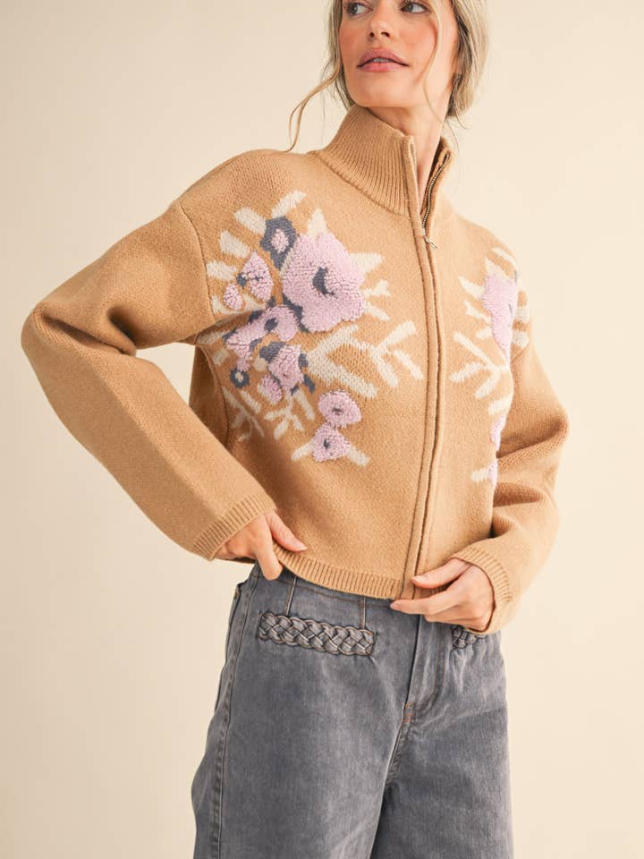 Floral Zip Cardigan - Taupe Flower