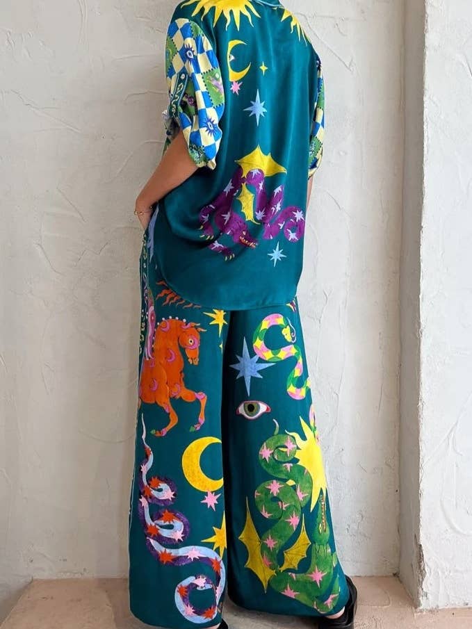 Wonderland Shirt and Wide Leg Pant Set - Green