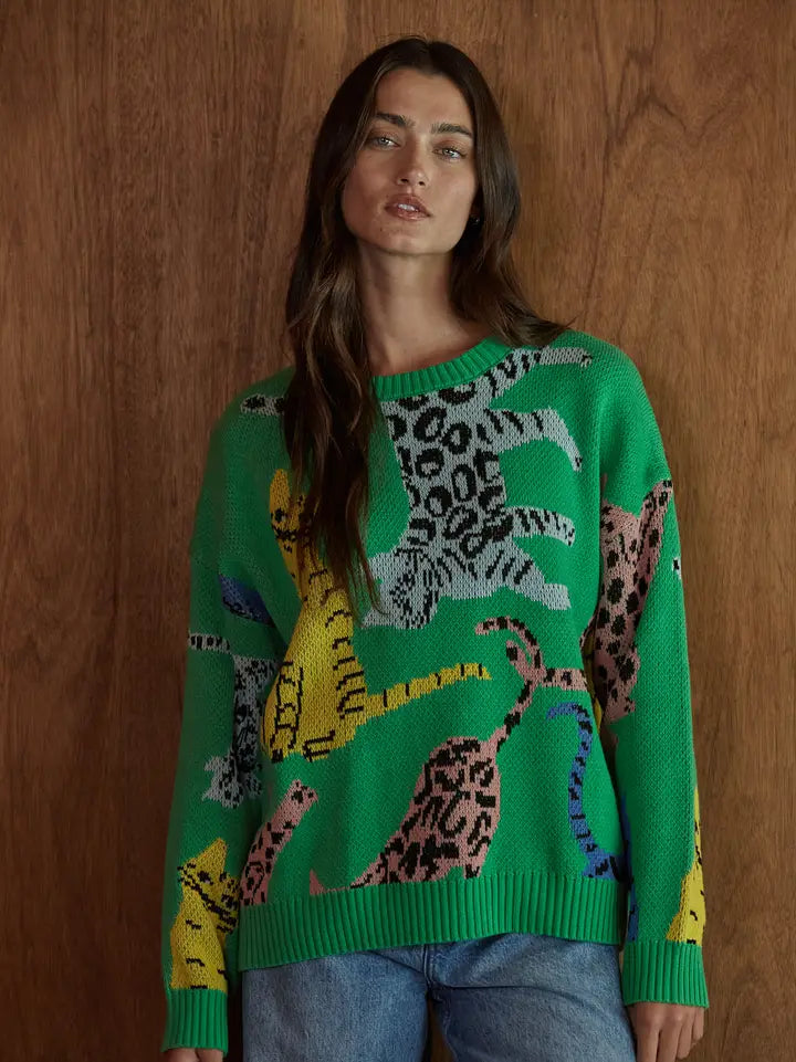 Animal Jacquard Pullover - Green Multi