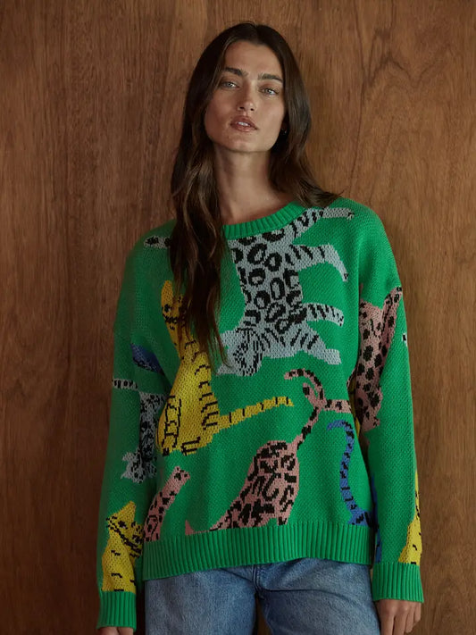 Animal Jacquard Pullover - Green Multi