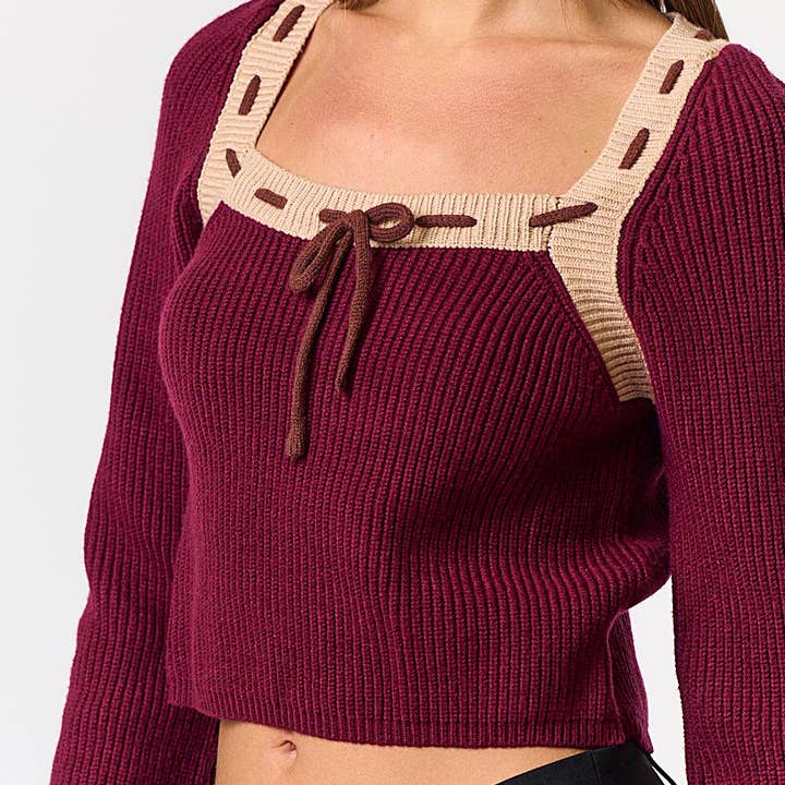 Contrast Tie Sweater Crop Top - Burgundy