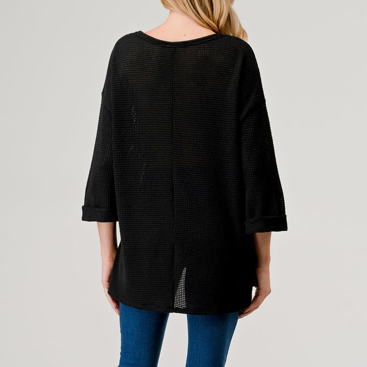 Open Knit 3/4 Length Top - Black