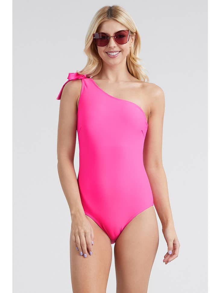 One-Off Shoulder Tie Swimsuit - Pink