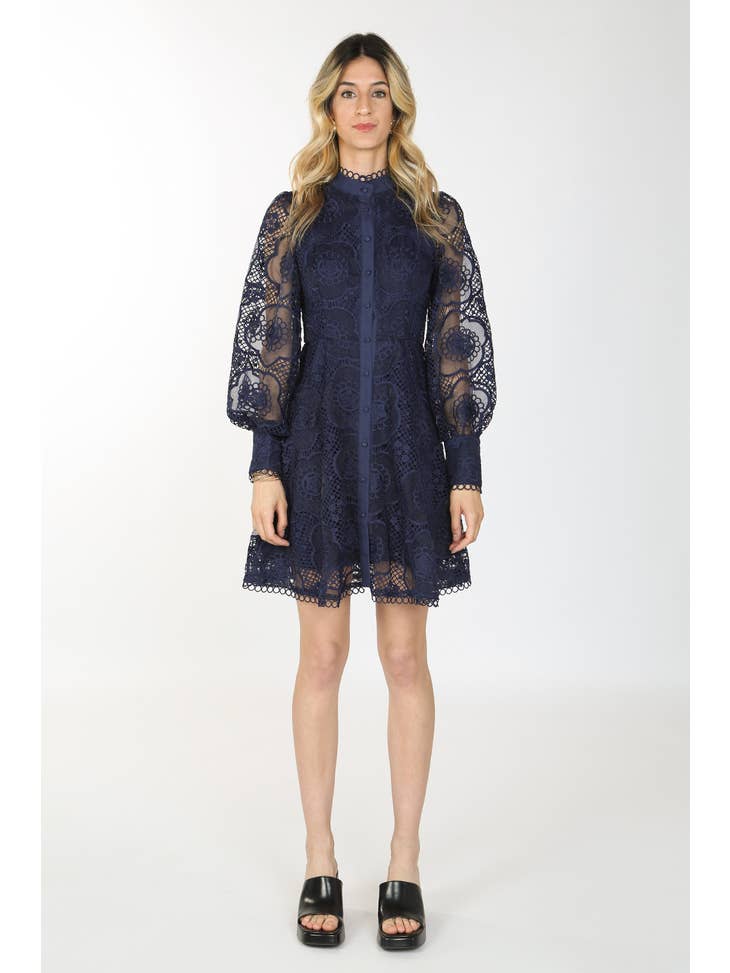 Balloon Sleeve Lace Midi Dress - Navy