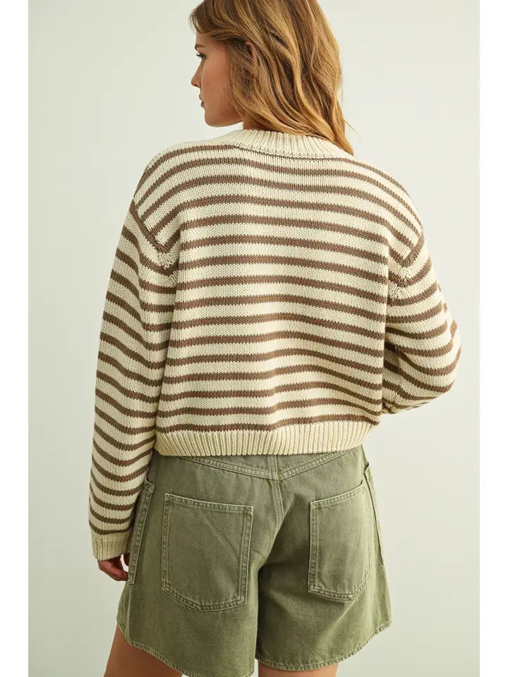 Striped Knitted Cardigan - Mocha/White