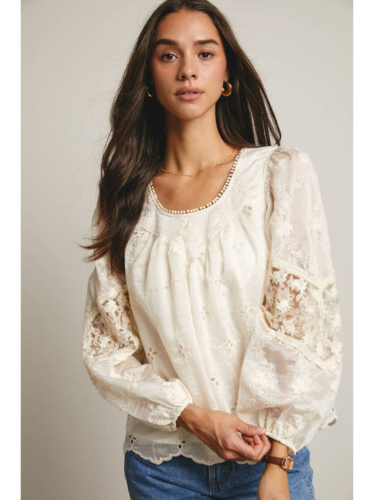 Lace Puff Sleeve Blouse - Ecru