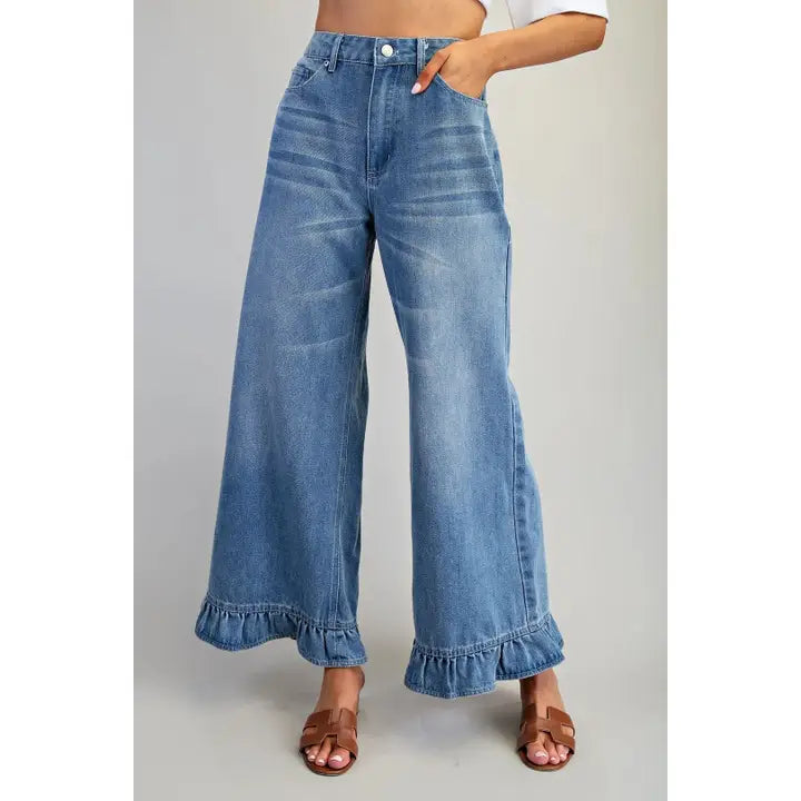 Mineral Washed Ruffle Hem Jeans - Denim