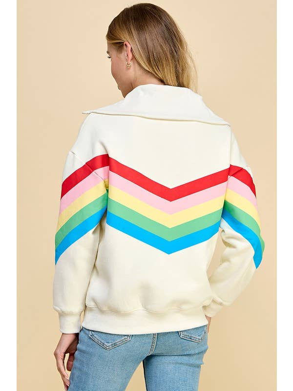 Quarter Zip Sweatshirt - Cream/Rainbow