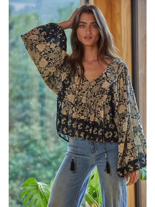 Calypso Paisley Top - Black Taupe