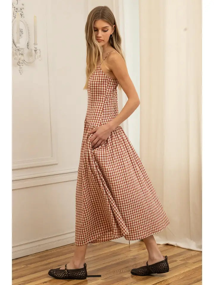 Gingham Sweetheart Midi Dress - Warm Brown