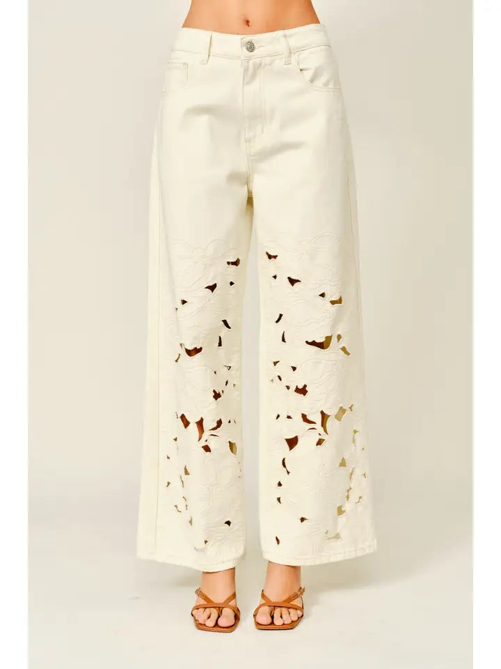 Cut Out Embroidered Straight Leg Pants - Cream