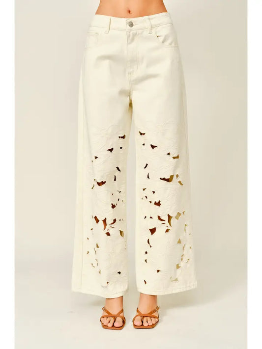 Cut Out Embroidered Straight Leg Pants - Cream