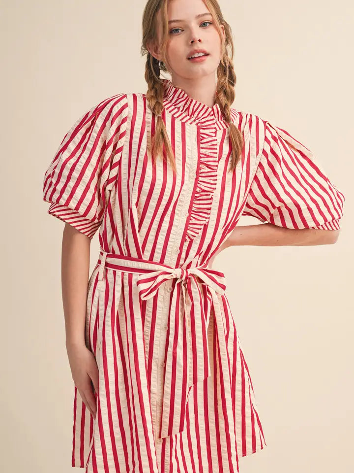 Striped Ruffled Mini Dress - Berry Red