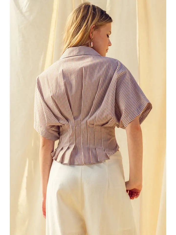 Pleated Waist Button Down - Brown