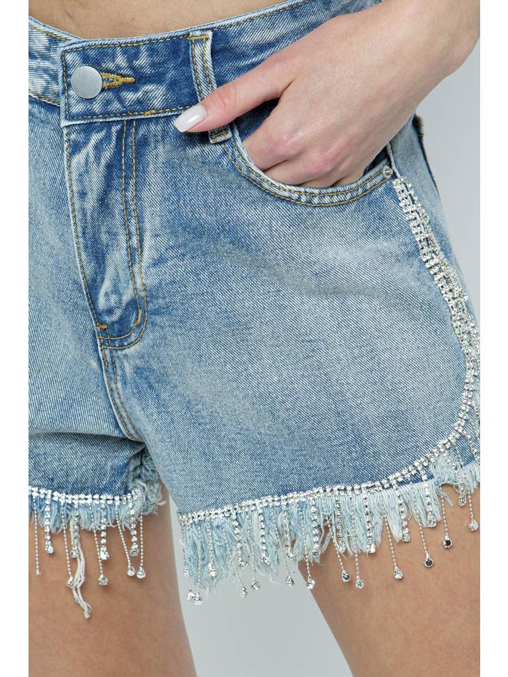 Fringe Rhinestone Frayed Denim Short