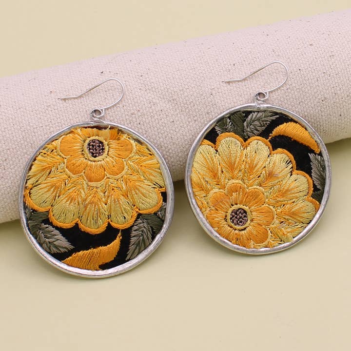 Embroidered Earrings - Round Yellow Flower