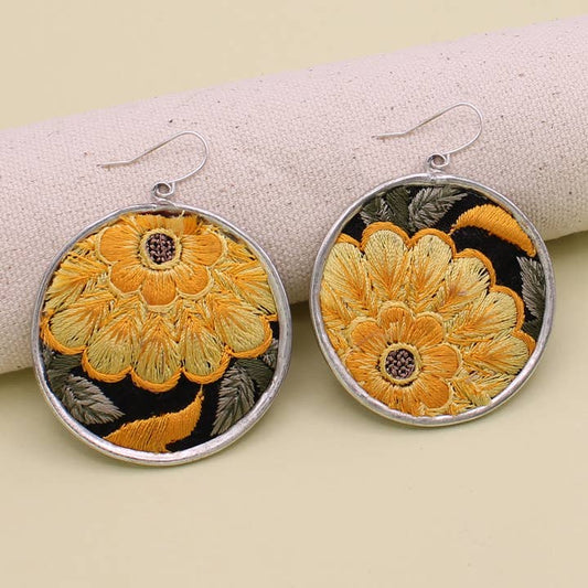 Embroidered Earrings - Round Yellow Flower