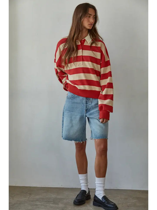 Rugby Stripe Pullover - Taupe Red